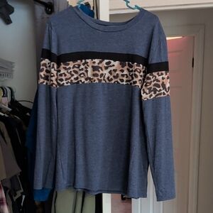 Blue Leopard Print Long Sleeve Top